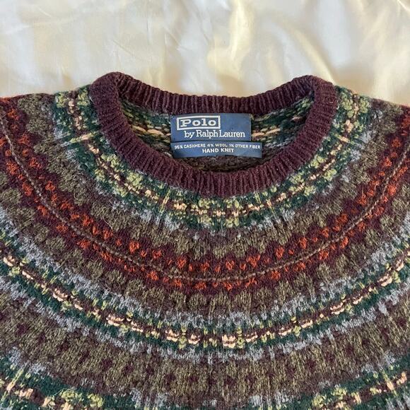 Vintage Polo Hand Knit Cashmere Wool Blend Maroon Fair Isle Sweater Men's XL - Picture 2 of 9
